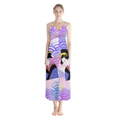 Japanese Abstract Blue Button Up Chiffon Maxi Dress by snowwhitegirl