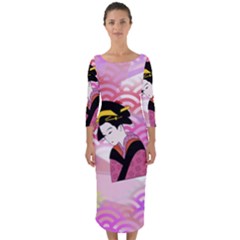 Japanese Abstract Pink Quarter Sleeve Midi Bodycon Dress by snowwhitegirl