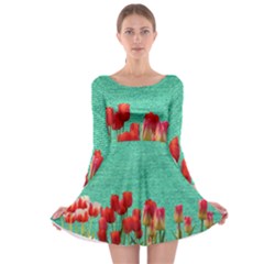 Green Denim Flowers Long Sleeve Skater Dress by snowwhitegirl