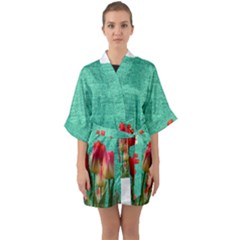 Green Denim Flowers Quarter Sleeve Kimono Robe by snowwhitegirl