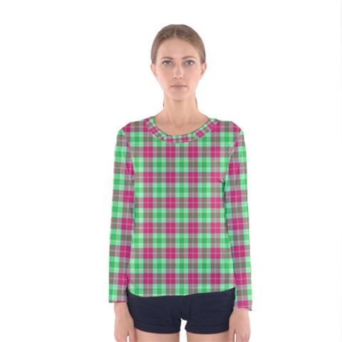 Pink Green Plaid Women s Long Sleeve Tee by snowwhitegirl