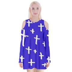 Blue White Cross Velvet Long Sleeve Shoulder Cutout Dress by snowwhitegirl