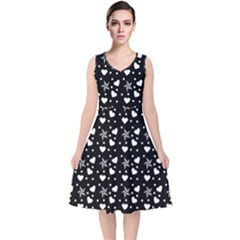 Hearts And Star Dot Black V-neck Midi Sleeveless Dress  by snowwhitegirl