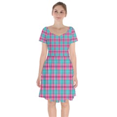 Blue Pink Plaid Short Sleeve Bardot Dress by snowwhitegirl