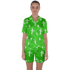 Green White Cross Satin Short Sleeve Pyjamas Set by snowwhitegirl