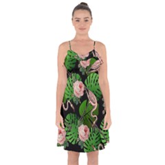 Flamingo Floral Black Ruffle Detail Chiffon Dress by snowwhitegirl