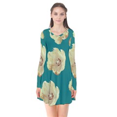 Teal Tulips Long Sleeve V-neck Flare Dress by snowwhitegirl