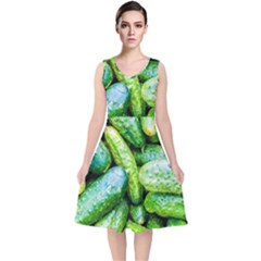 Pile Of Green Cucumbers V-neck Midi Sleeveless Dress  by FunnyCow