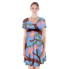 Cherry Blossoms Tree Short Sleeve V-neck Flare Dress by lwdstudio