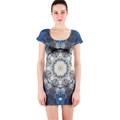 Painted Blue Mandala Flower On Canvas Short Sleeve Bodycon Dress by pepitasart