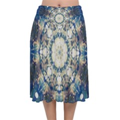 Painted Blue Mandala Flower On Canvas Velvet Flared Midi Skirt by pepitasart