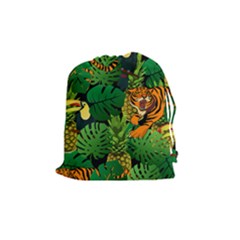 Tropical Pelican Tiger Jungle Black Drawstring Pouch (medium) by snowwhitegirl