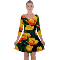 Yellow Orange Tulip Flowers Quarter Sleeve Skater Dress by FunnyCow