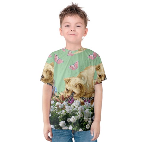 Cat And Butterflies Green Kids  Cotton Tee by snowwhitegirl