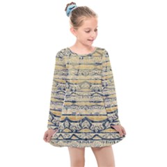 Blue Jean On Gold Seamless Nature Bigger By Flipstylez Designs Kids  Long Sleeve Dress by flipstylezfashionsLLC