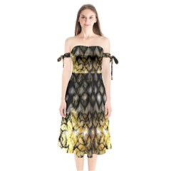 Black Zig Zag Blurred On Gold Crush Flowers By Flipstylez Designs Shoulder Tie Bardot Midi Dress by flipstylezfashionsLLC