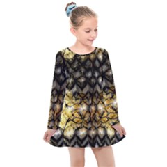 Black Zig Zag Blurred On Gold Crush Flowers By Flipstylez Designs Kids  Long Sleeve Dress by flipstylezfashionsLLC