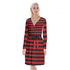 Blood Red And Black Halloween Nightmare Stripes  Long Sleeve Velvet Front Wrap Dress by PodArtist