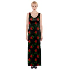 Red Roses Black Maxi Thigh Split Dress by snowwhitegirl