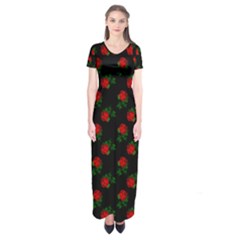 Red Roses Black Short Sleeve Maxi Dress by snowwhitegirl