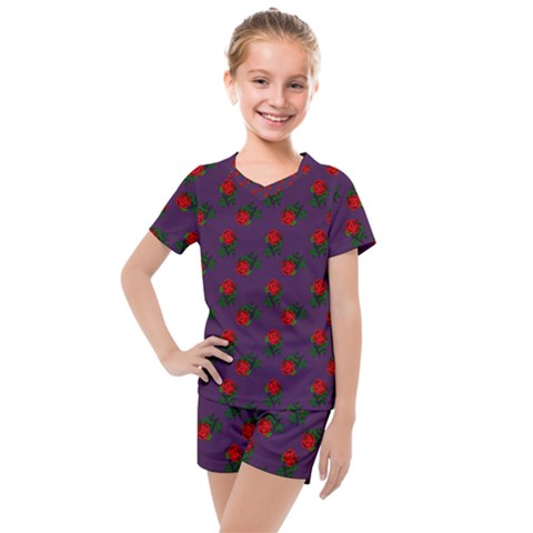 Red Roses Purple Kids  Mesh Tee And Shorts Set by snowwhitegirl