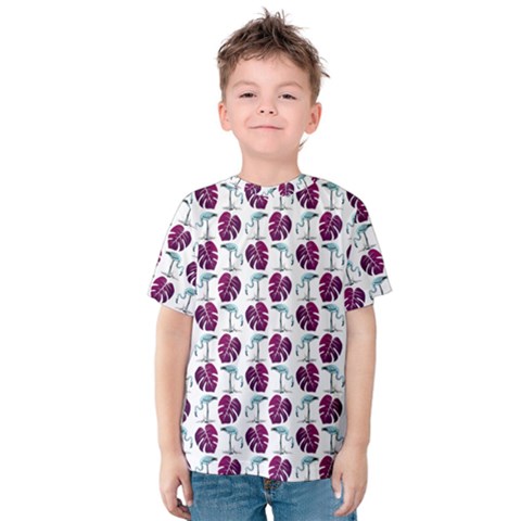 Flamingo Leaf Patttern Blue Kids  Cotton Tee by snowwhitegirl