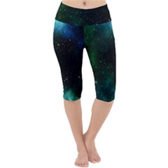 Galaxy Sky Blue Green Lightweight Velour Cropped Yoga Leggings by snowwhitegirl