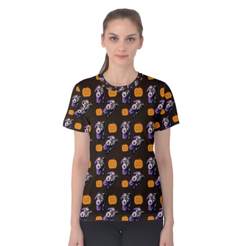 Halloween Skeleton Pumpkin Pattern Brown Women s Cotton Tee by snowwhitegirl