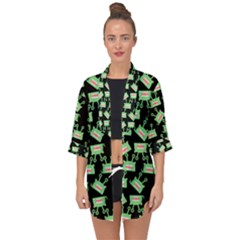 Green Alien Monster Pattern Black Open Front Chiffon Kimono by snowwhitegirl