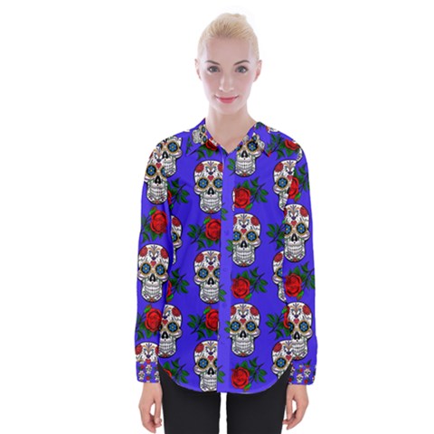 Skull Pattern Blue Womens Long Sleeve Shirt by snowwhitegirl