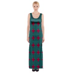 Mod Teal Red Circles Pattern Maxi Thigh Split Dress by BrightVibesDesign