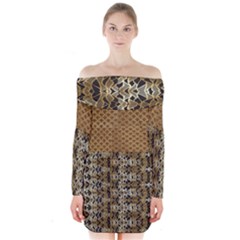 Diamond Seamless Lace Brown And Gold By Flipstylez Designs Long Sleeve Off Shoulder Dress by flipstylezfashionsLLC