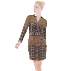 Diamond Seamless Lace Brown And Gold By Flipstylez Designs Button Long Sleeve Dress by flipstylezfashionsLLC