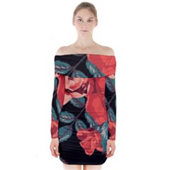 Bed Of Bright Red Roses By Flipstylez Designs Long Sleeve Off Shoulder Dress by flipstylezfashionsLLC