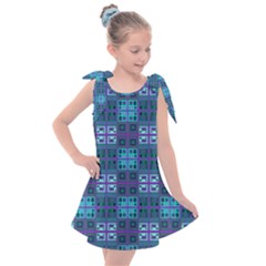 Mod Purple Green Turquoise Square Pattern Kids  Tie Up Tunic Dress by BrightVibesDesign