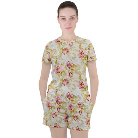 Background Pattern Flower Spring Women s Tee And Shorts Set by Celenk