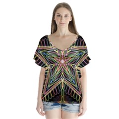 Star Mandala Pattern Design Doodle V-neck Flutter Sleeve Top by Simbadda