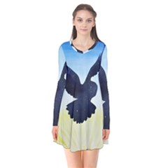 Sunset Owl Long Sleeve V-neck Flare Dress by lwdstudio