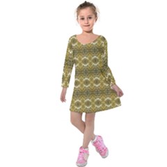 Golden Ornate Pattern Kids  Long Sleeve Velvet Dress by dflcprintsclothing