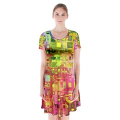 Color Abstract Artifact Pixel Short Sleeve V-neck Flare Dress by Sapixe