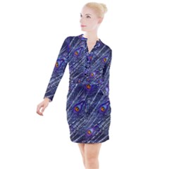 Peacock Feathers Color Plumage Blue Button Long Sleeve Dress by Sapixe