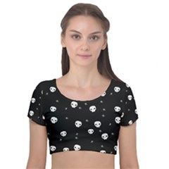 Pattern Skull Stars Halloween Gothic On Black Background Velvet Short Sleeve Crop Top  by genx