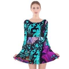 Graffiti Woman And Monsters Turquoise Cyan And Purple Bright Urban Art With Stars Long Sleeve Velvet Skater Dress by genx