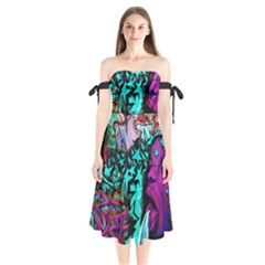 Graffiti Woman And Monsters Turquoise Cyan And Purple Bright Urban Art With Stars Shoulder Tie Bardot Midi Dress by genx