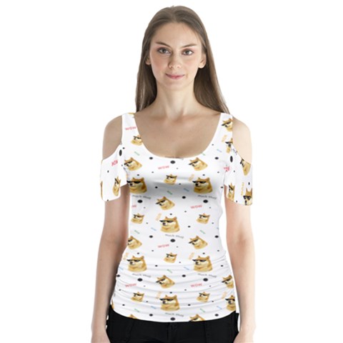 Doge Much Thug Wow Pattern Funny Kekistan Meme Dog White Butterfly Sleeve Cutout Tee  by snek