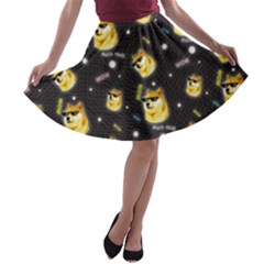 Doge Much Thug Wow Pattern Funny Kekistan Meme Dog Black Background A-line Skater Skirt by snek