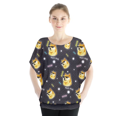 Doge Much Thug Wow Pattern Funny Kekistan Meme Dog Black Background Batwing Chiffon Blouse by snek