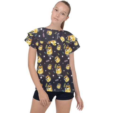 Doge Much Thug Wow Pattern Funny Kekistan Meme Dog Black Background Ruffle Collar Chiffon Blouse by snek