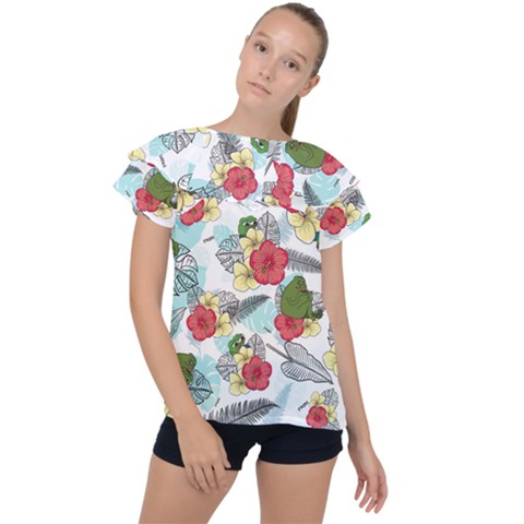 Apu Apustaja And Groyper Pepe The Frog Frens Hawaiian Shirt With Red Hibiscus On White Background From Kekistan Ruffle Collar Chiffon Blouse by snek