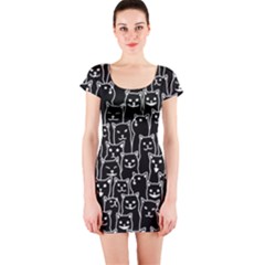 Funny Cat Pattern Organic Style Minimalist On Black Background Short Sleeve Bodycon Dress by genx